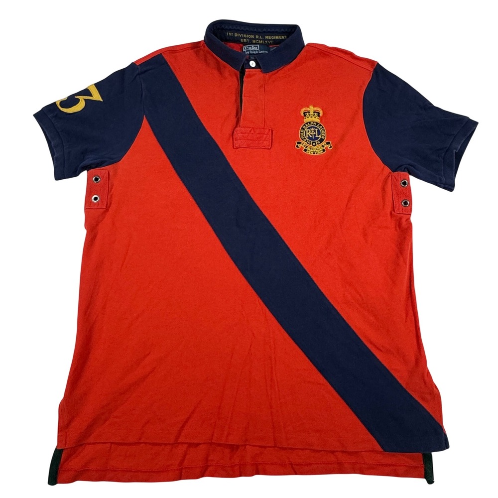 Polo Ralph Lauren Men's XL Red Navy 1st Division RL Regiment Custom Fit Polo